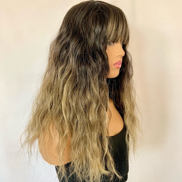Effortless Style 22” Ombre Golden Brown/Black Synthetic Wig with Bangs - Picture 3 of 10